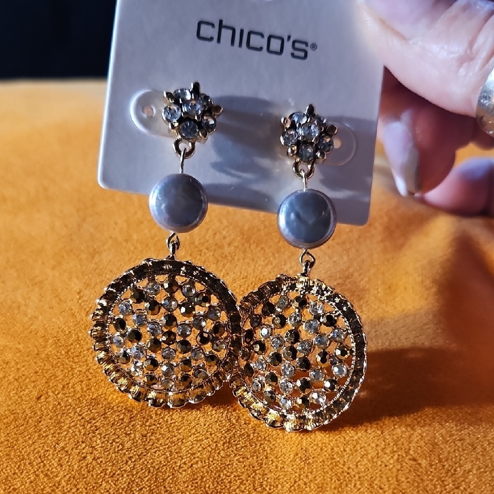 Chico's Gold Filigree Drop Earrings with Silver Pearl and Clear Crystals - Picture 2 of 6